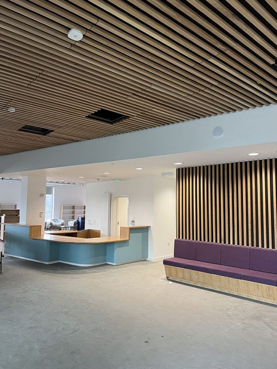 Wood reception area and seating